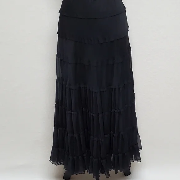 𝅺VINTAGE Jones Wear Black Chiffon Sleeveless Tiered Ruffle Full Skirt Midi Dres - Picture 7 of 15